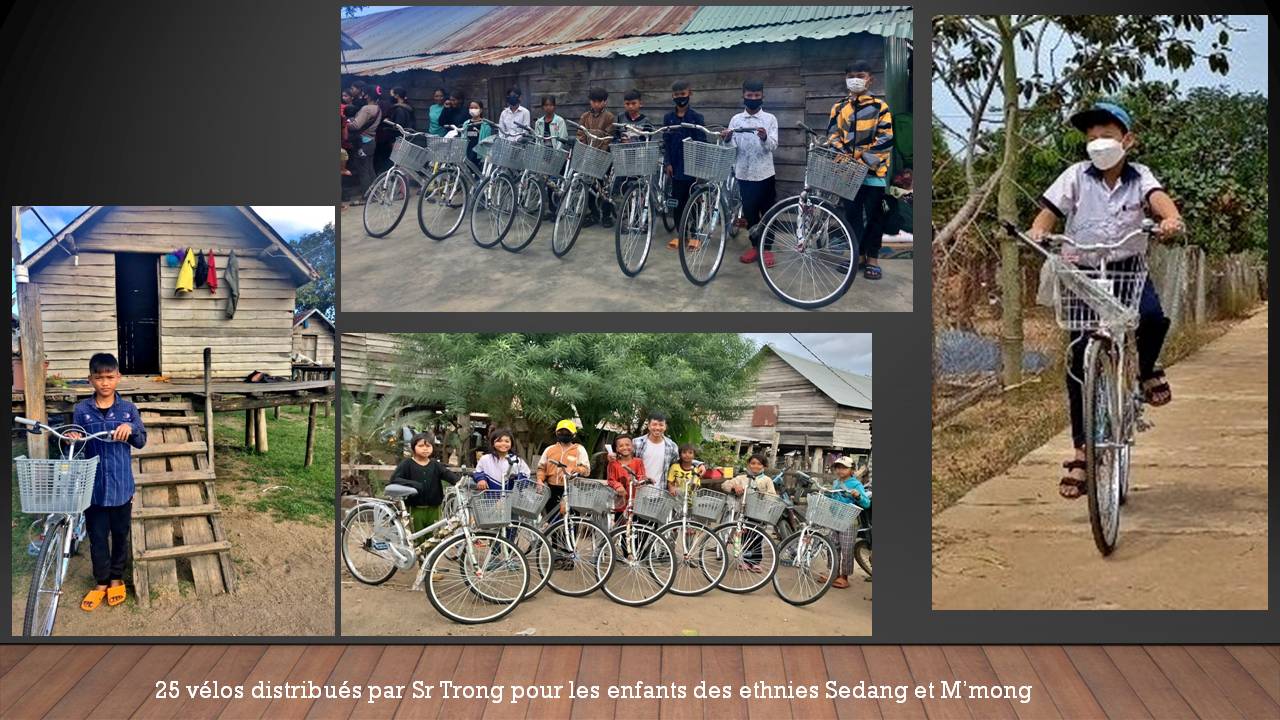 25 vélos distribués par Sr Trong pour les enfants des ethnies Sedang et M’mong